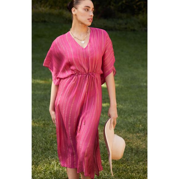 Anthropologie pink OS V-Neck Shine Kaftan Midi Dress - Picture 1 of 9